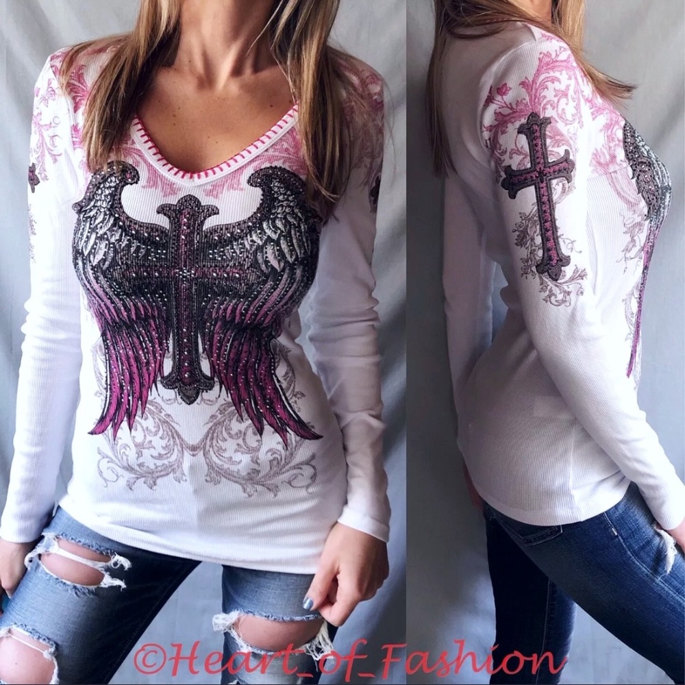 VOCAL White Pink Embellished Cross Wing Graphic Stitch Ribbed Thermal Biker Top